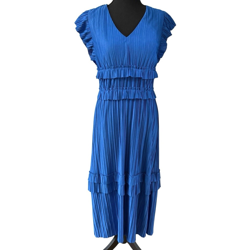 Taylor Royal Cobalt Blue Tiered Pleated Midi Dress  Spring Summer Party SZ 4